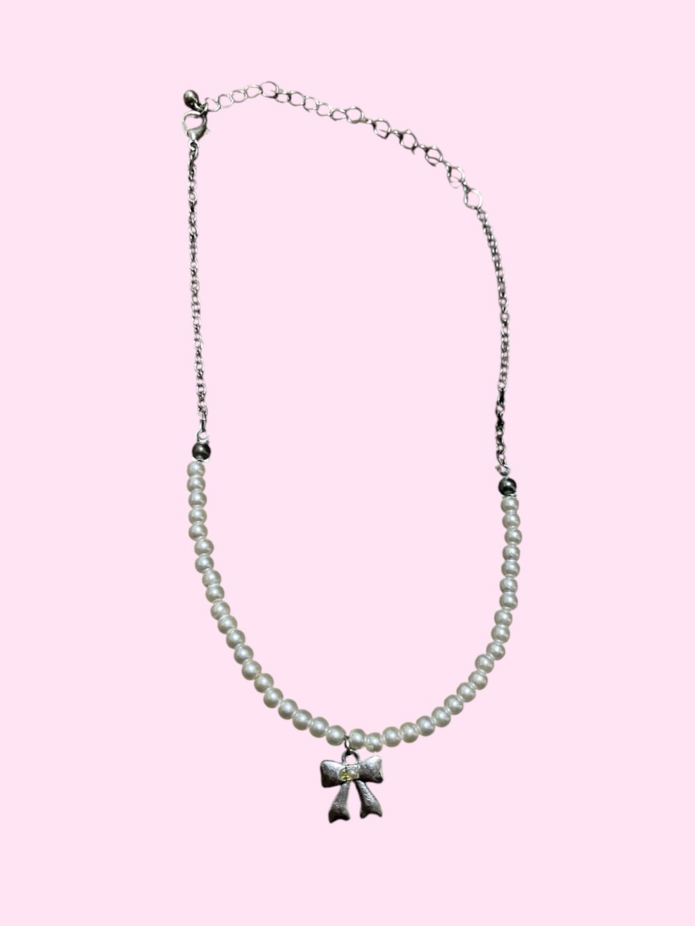 White Pearls & Silver Bow Coquette Choker Necklace